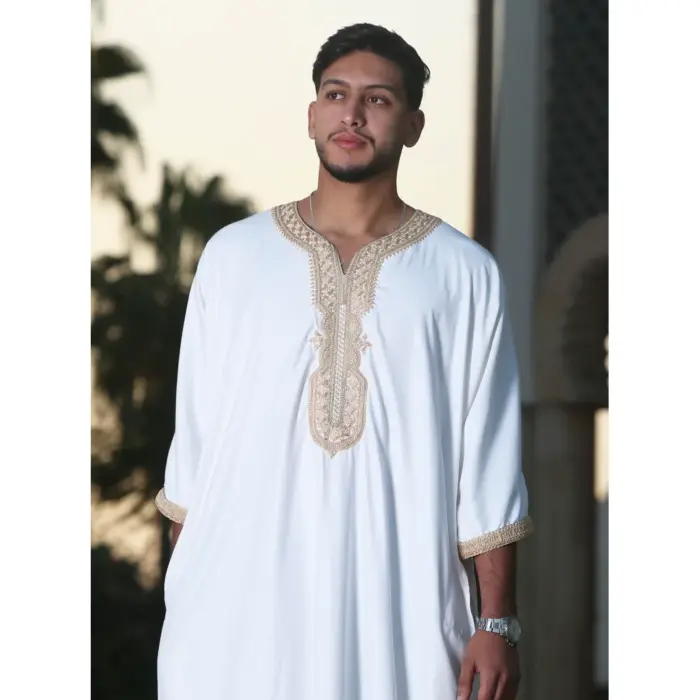 Men's Moroccan Thobe Short Sleeve Gandoura Embroidery Kaftan Jubba - Image 13