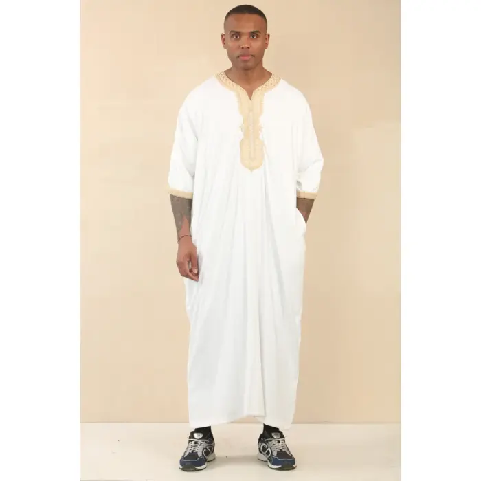 Men's Moroccan Thobe Short Sleeve Gandoura Embroidery Kaftan Jubba - Image 12