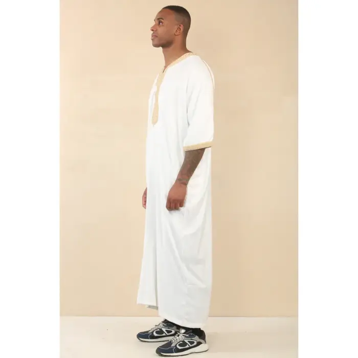 Men's Moroccan Thobe Short Sleeve Gandoura Embroidery Kaftan Jubba - Image 10