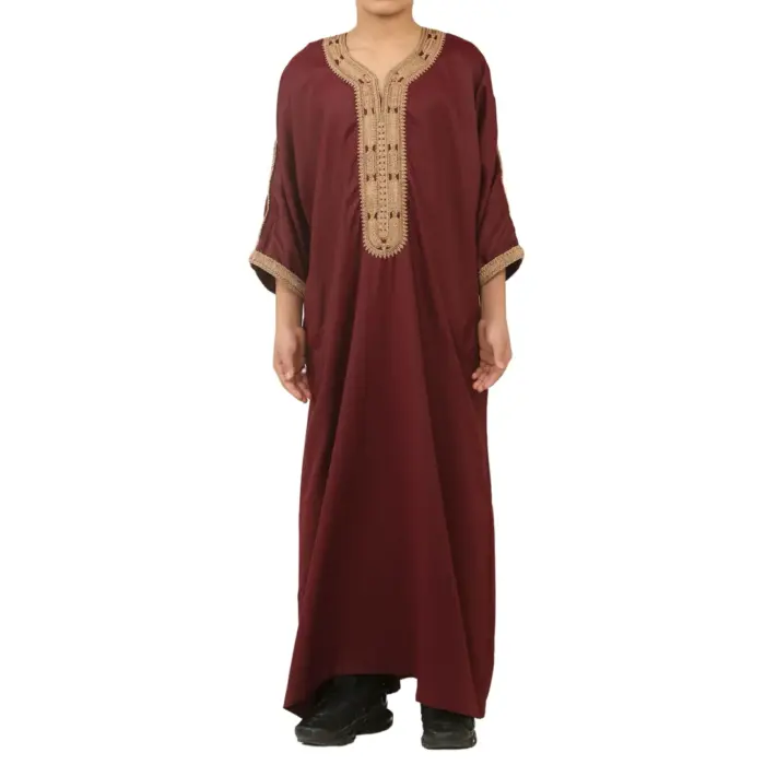 Boys Marron Moroccan Thobe Short Sleeve Gandoura Gold Embroidery Kaftan - Image 1