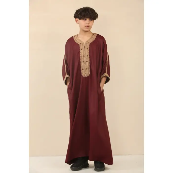 Boys Marron Moroccan Thobe Short Sleeve Gandoura Gold Embroidery Kaftan - Image 2