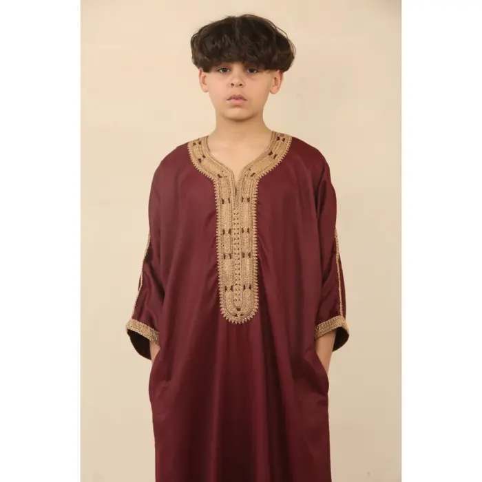 Boys Marron Moroccan Thobe Short Sleeve Gandoura Gold Embroidery Kaftan - Image 7