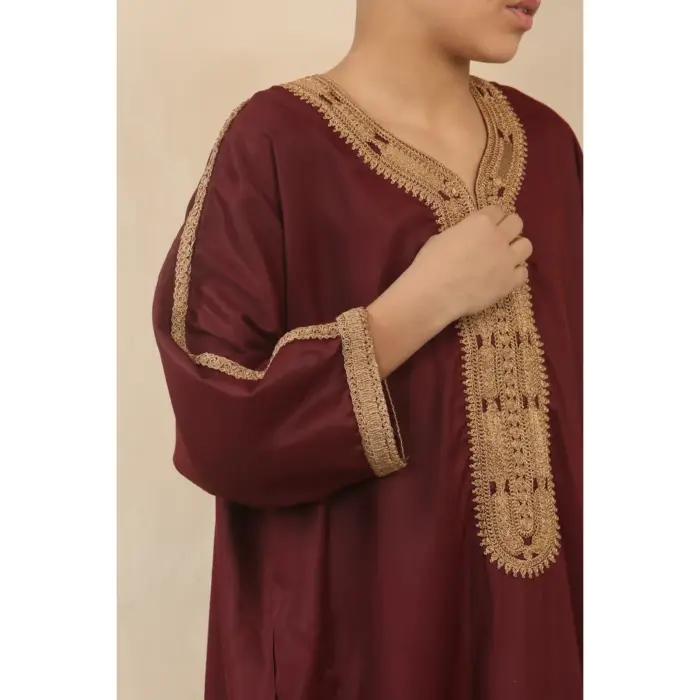 Boys Marron Moroccan Thobe Short Sleeve Gandoura Gold Embroidery Kaftan - Image 6
