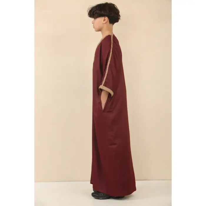 Boys Marron Moroccan Thobe Short Sleeve Gandoura Gold Embroidery Kaftan - Image 4