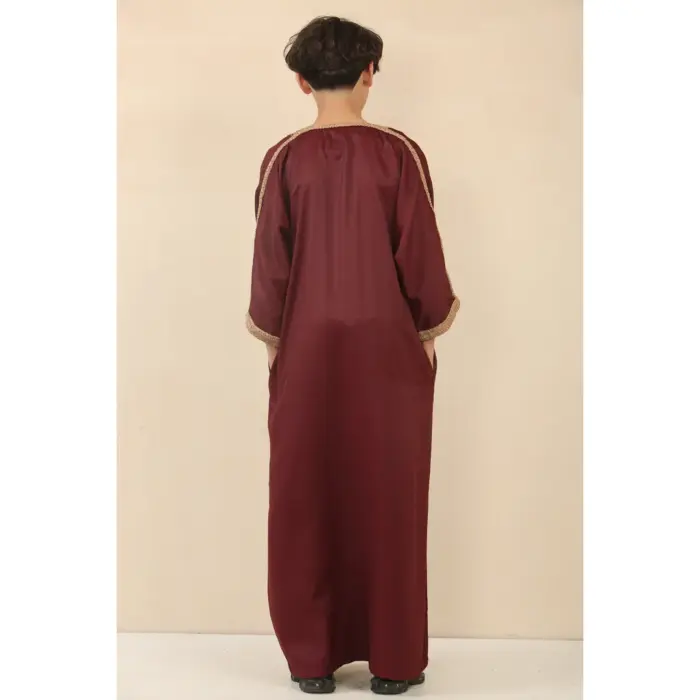 Boys Marron Moroccan Thobe Short Sleeve Gandoura Gold Embroidery Kaftan - Image 3