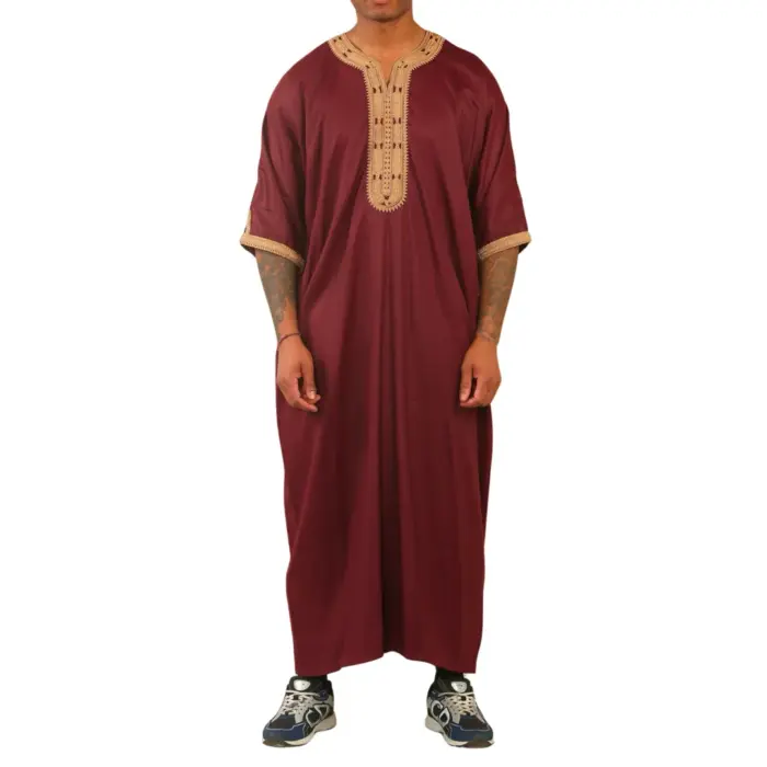 Men's Marron Moroccan Thobe Short Sleeve Gandoura Gold Embroidery Kaftan - Image 1