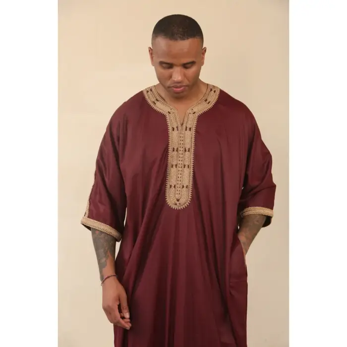 Men's Marron Moroccan Thobe Short Sleeve Gandoura Gold Embroidery Kaftan - Image 7