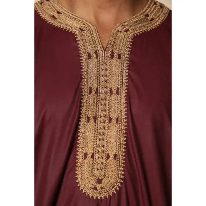 Men's Marron Moroccan Thobe Short Sleeve Gandoura Gold Embroidery Kaftan - Image 6