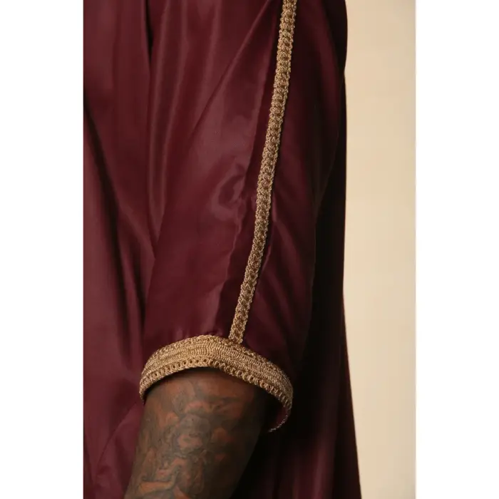 Men's Marron Moroccan Thobe Short Sleeve Gandoura Gold Embroidery Kaftan - Image 5