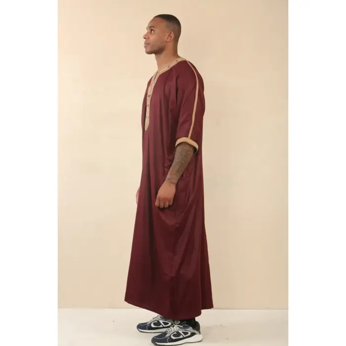 Men's Marron Moroccan Thobe Short Sleeve Gandoura Gold Embroidery Kaftan - Image 4