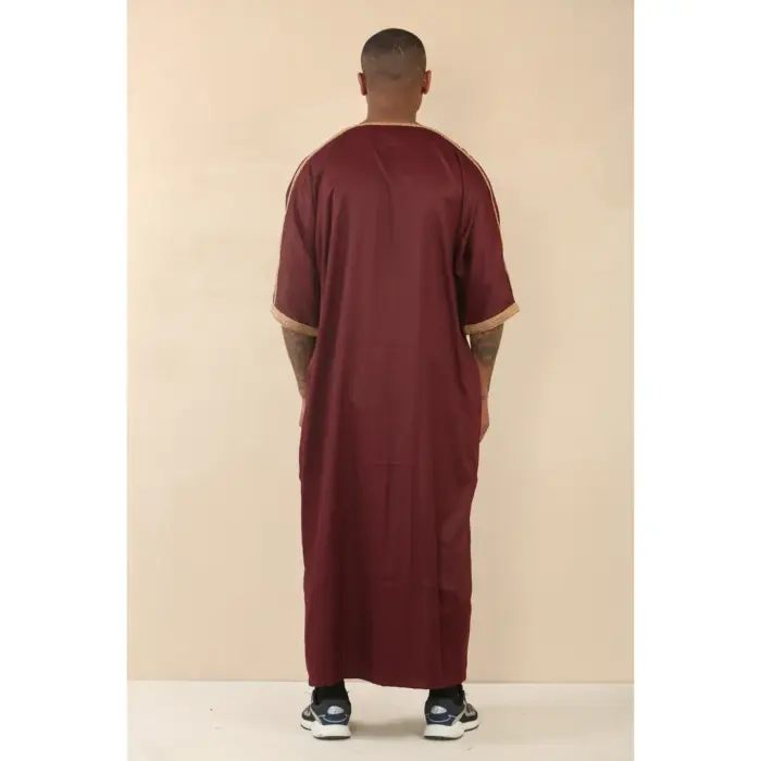 Men's Marron Moroccan Thobe Short Sleeve Gandoura Gold Embroidery Kaftan - Image 3