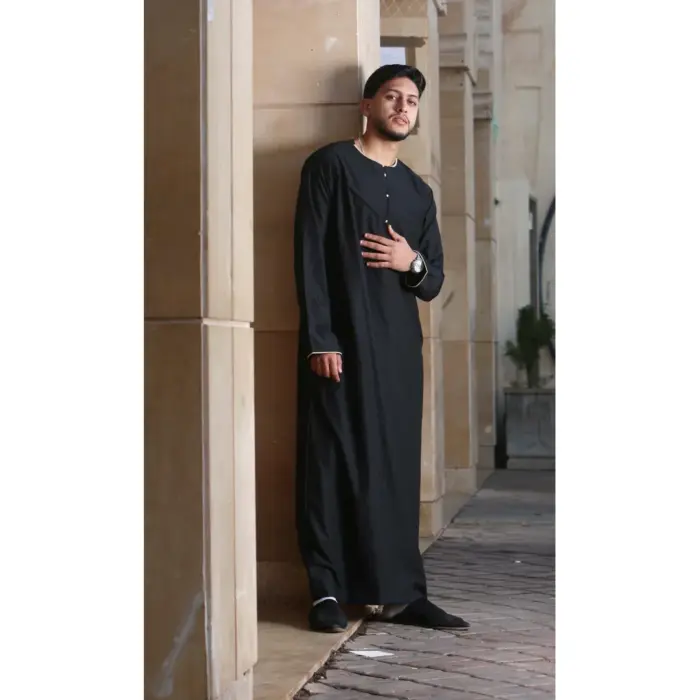 Men's Thobe Emirati Omani Jubba Islamic Clothing Muslim Kaftan Eid Robe Arab Gold Embroidery - Image 2