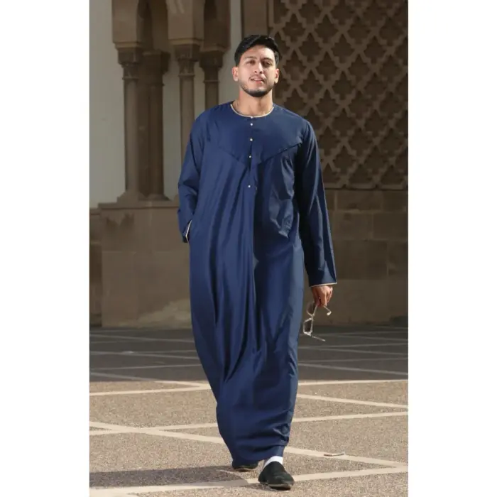 Men's Thobe Emirati Omani Jubba Islamic Clothing Muslim Kaftan Eid Robe Arab Gold Embroidery - Image 14