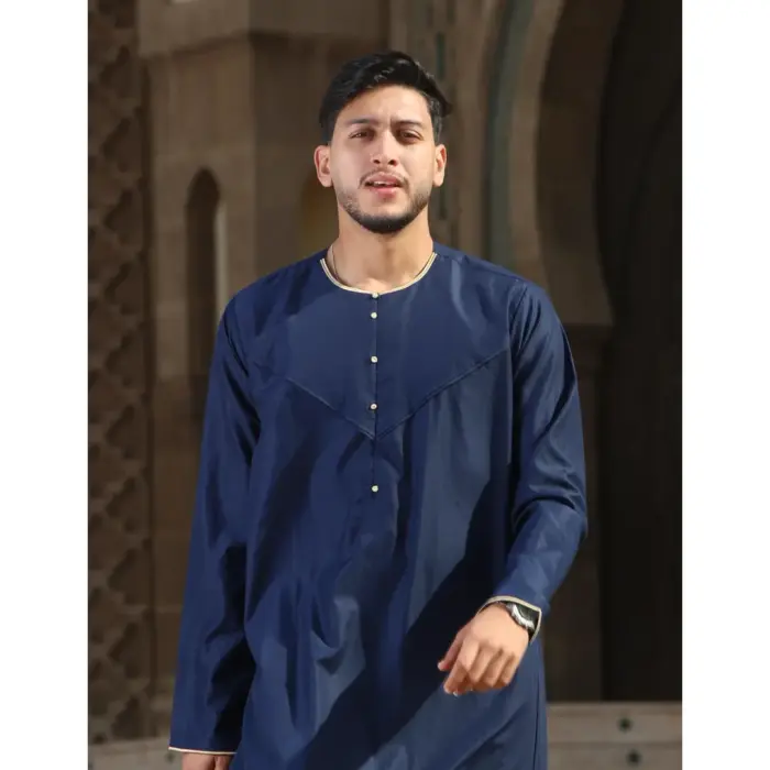 Men's Thobe Emirati Omani Jubba Islamic Clothing Muslim Kaftan Eid Robe Arab Gold Embroidery - Image 13