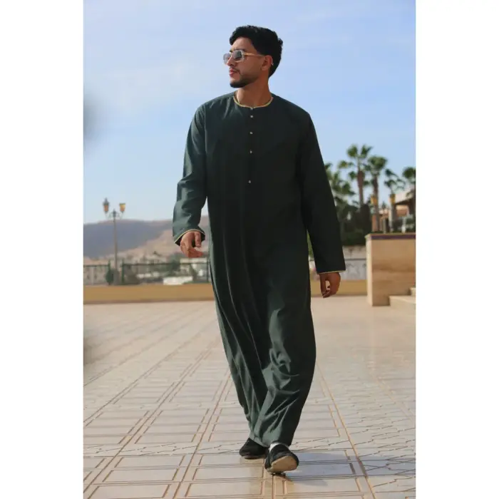 Men's Thobe Emirati Omani Jubba Islamic Clothing Muslim Kaftan Eid Robe Arab Gold Embroidery - Image 21