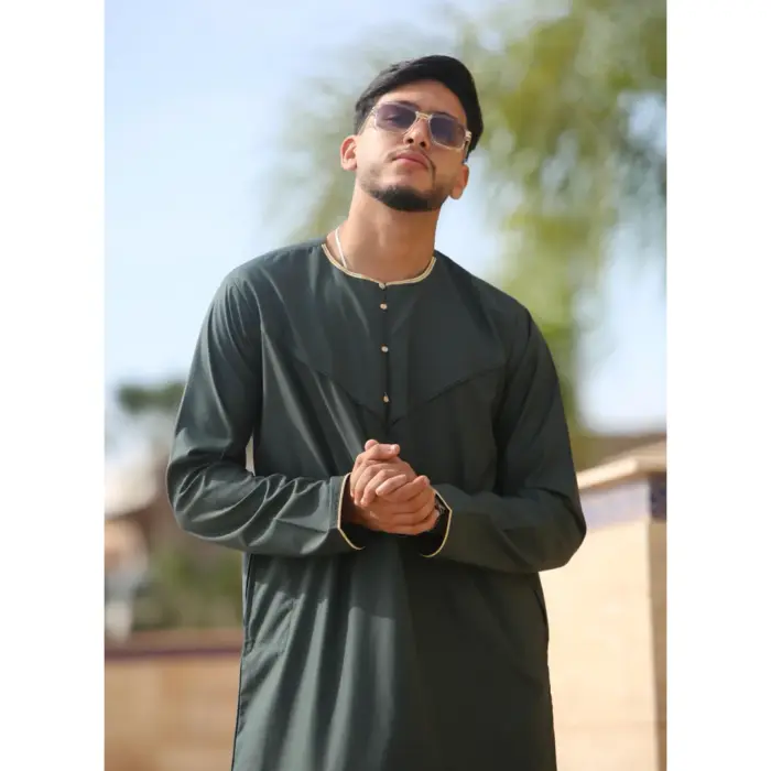 Men's Thobe Emirati Omani Jubba Islamic Clothing Muslim Kaftan Eid Robe Arab Gold Embroidery - Image 20