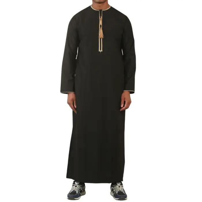 Men's Thobe Emirati Omani Jubba Islamic Clothing Muslim Kaftan Eid Robe Arab Gold Tassel Embroidery - Image 1