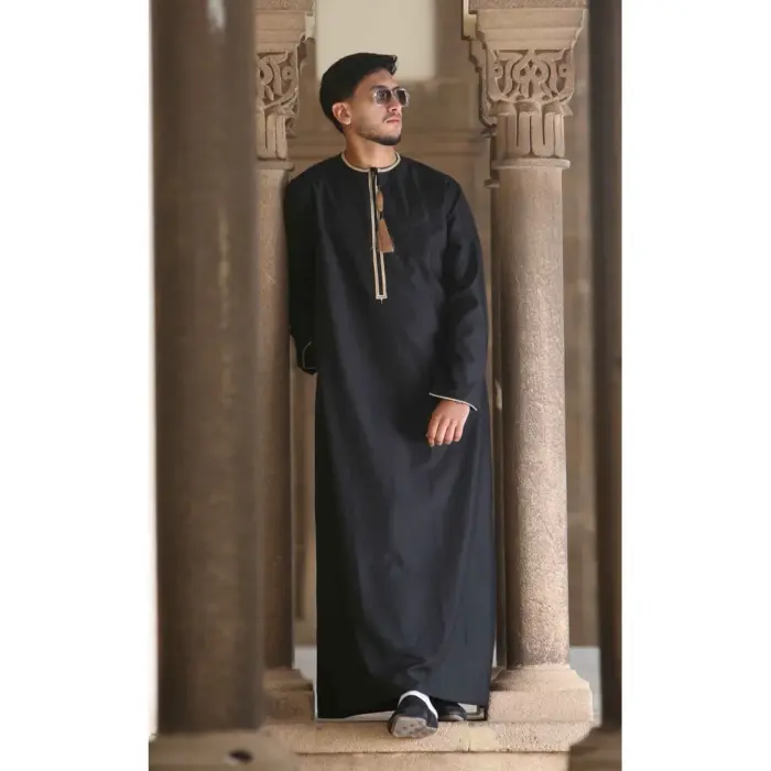 Men's Thobe Emirati Omani Jubba Islamic Clothing Muslim Kaftan Eid Robe Arab Gold Tassel Embroidery - Image 2