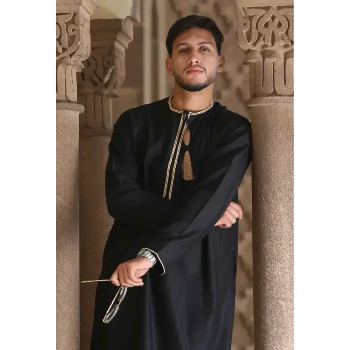 Men's Thobe Emirati Omani Jubba Islamic Clothing Muslim Kaftan Eid Robe Arab Gold Tassel Embroidery - Image 7