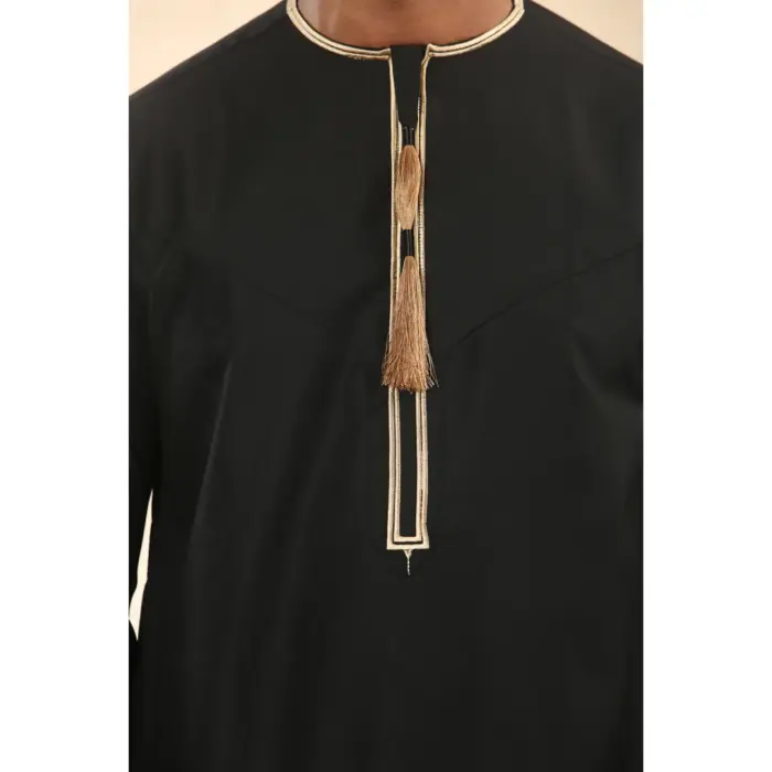 Men's Thobe Emirati Omani Jubba Islamic Clothing Muslim Kaftan Eid Robe Arab Gold Tassel Embroidery - Image 6