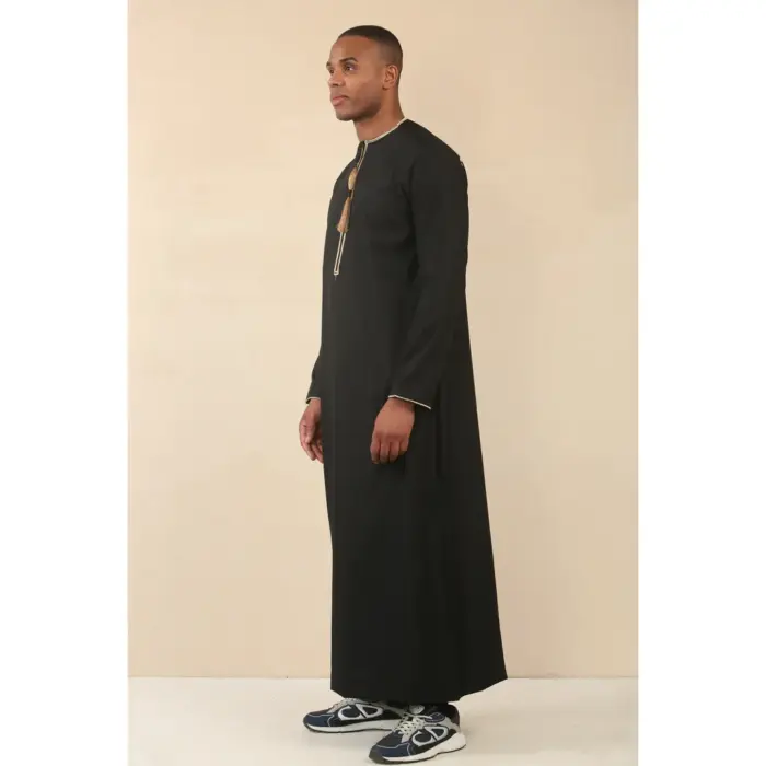Men's Thobe Emirati Omani Jubba Islamic Clothing Muslim Kaftan Eid Robe Arab Gold Tassel Embroidery - Image 4
