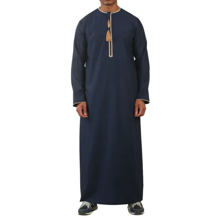 Men's Thobe Emirati Omani Jubba Islamic Clothing Muslim Kaftan Eid Robe Arab Gold Tassel Embroidery - Image 8
