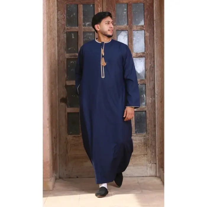 Men's Thobe Emirati Omani Jubba Islamic Clothing Muslim Kaftan Eid Robe Arab Gold Tassel Embroidery - Image 14