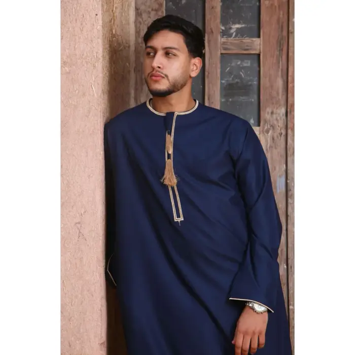 Men's Thobe Emirati Omani Jubba Islamic Clothing Muslim Kaftan Eid Robe Arab Gold Tassel Embroidery - Image 13