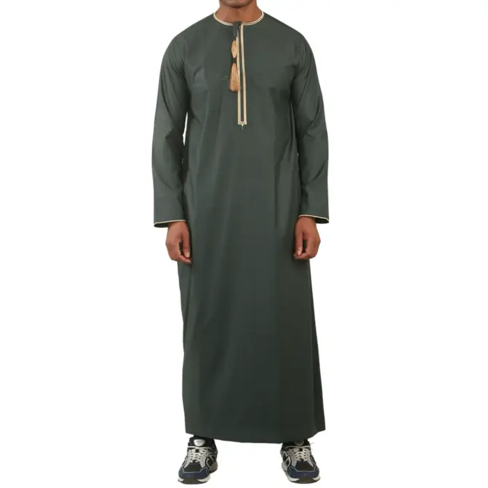 Men's Thobe Emirati Omani Jubba Islamic Clothing Muslim Kaftan Eid Robe Arab Gold Tassel Embroidery - Image 15
