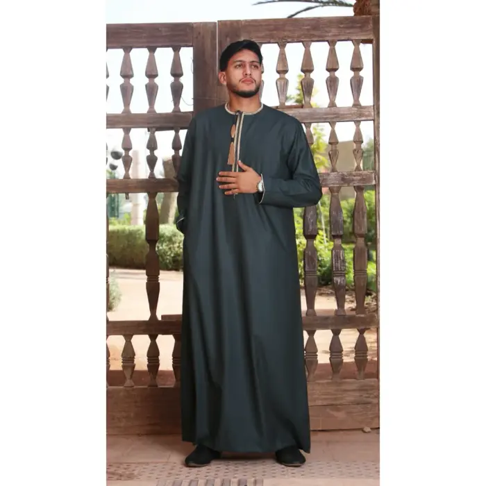 Men's Thobe Emirati Omani Jubba Islamic Clothing Muslim Kaftan Eid Robe Arab Gold Tassel Embroidery - Image 21
