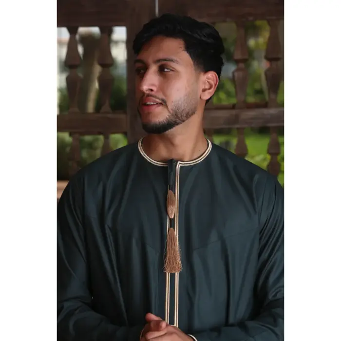 Men's Thobe Emirati Omani Jubba Islamic Clothing Muslim Kaftan Eid Robe Arab Gold Tassel Embroidery - Image 20