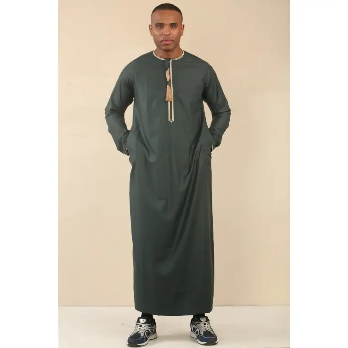 Men's Thobe Emirati Omani Jubba Islamic Clothing Muslim Kaftan Eid Robe Arab Gold Tassel Embroidery - Image 18