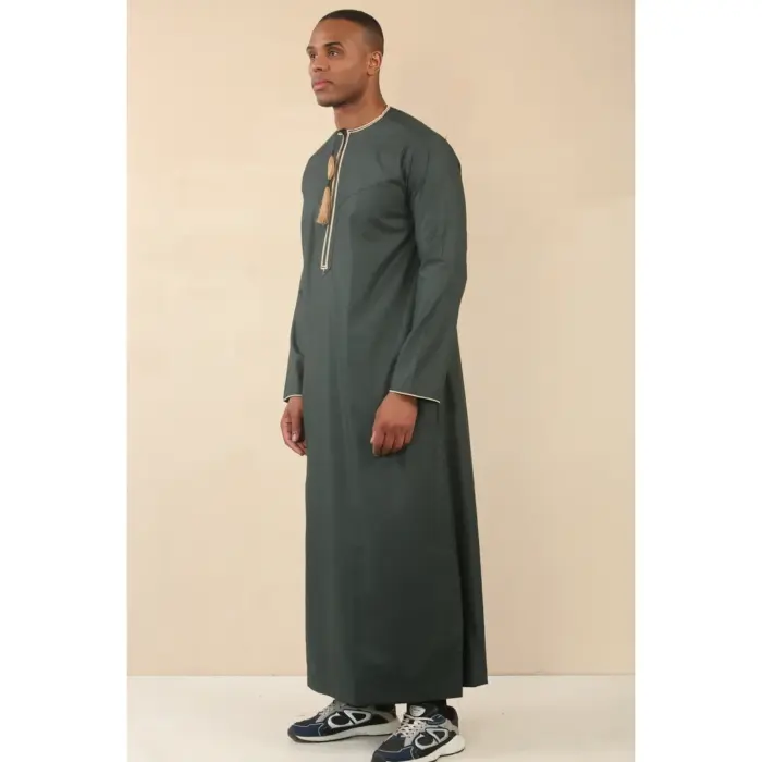 Men's Thobe Emirati Omani Jubba Islamic Clothing Muslim Kaftan Eid Robe Arab Gold Tassel Embroidery - Image 17