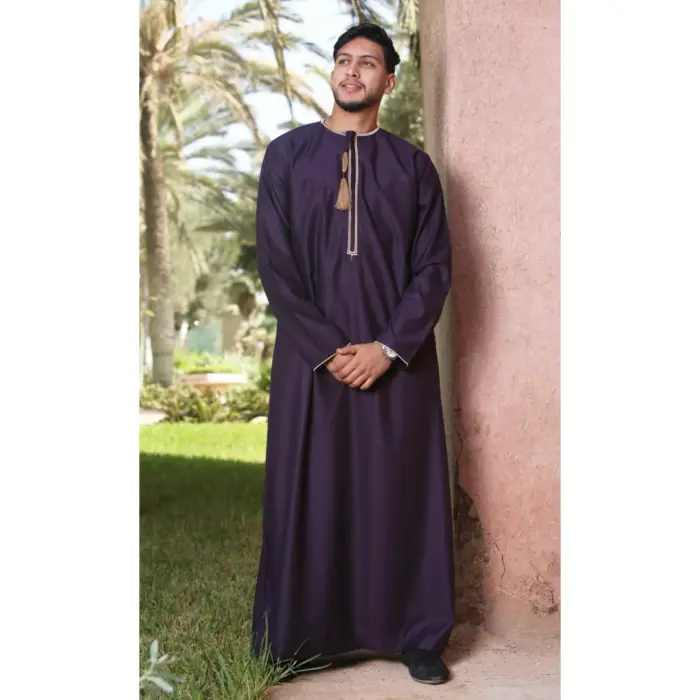 Men's Thobe Emirati Omani Jubba Islamic Clothing Muslim Kaftan Eid Robe Arab Gold Tassel Embroidery - Image 28