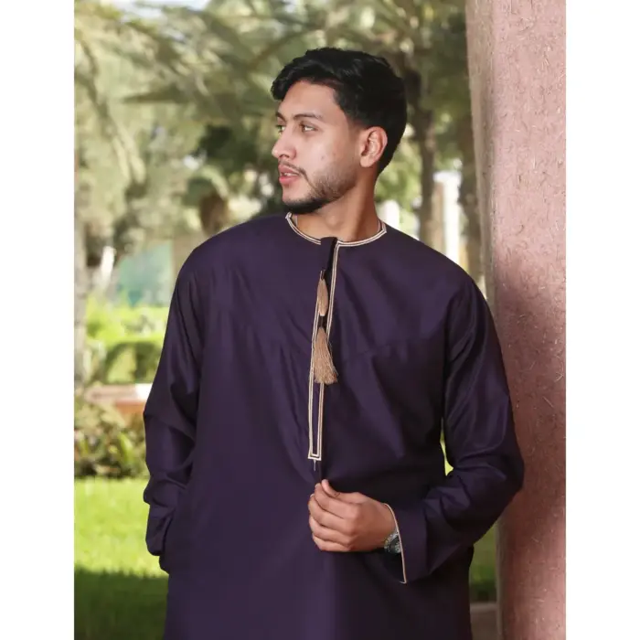 Men's Thobe Emirati Omani Jubba Islamic Clothing Muslim Kaftan Eid Robe Arab Gold Tassel Embroidery - Image 27