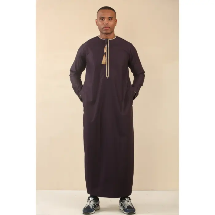 Men's Thobe Emirati Omani Jubba Islamic Clothing Muslim Kaftan Eid Robe Arab Gold Tassel Embroidery - Image 25
