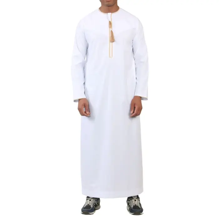 Men's Thobe Emirati Omani Jubba Islamic Clothing Muslim Kaftan Eid Robe Arab Gold Tassel Embroidery - Image 29