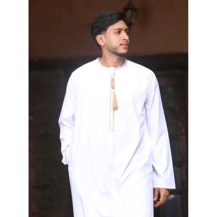 Men's Thobe Emirati Omani Jubba Islamic Clothing Muslim Kaftan Eid Robe Arab Gold Tassel Embroidery - Image 34