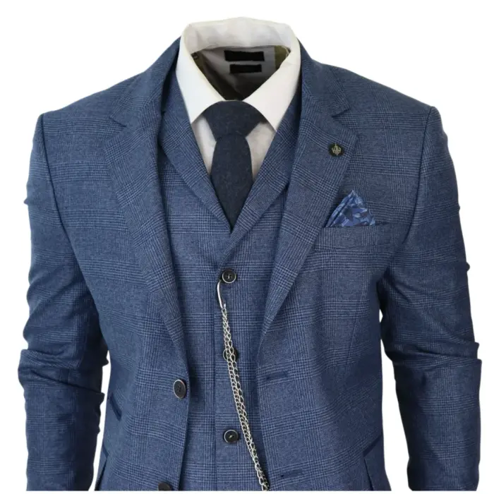 Mens 3 Piece Suit Prince Of Wales Check Blue Tailored Fit Vintage Wedding - Image 4