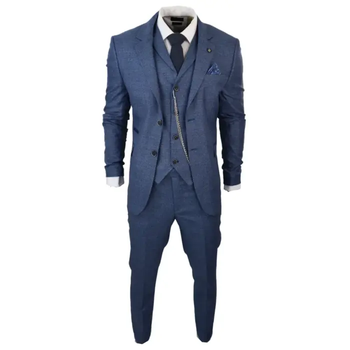 Mens 3 Piece Suit Prince Of Wales Check Blue Tailored Fit Vintage Wedding - Image 3