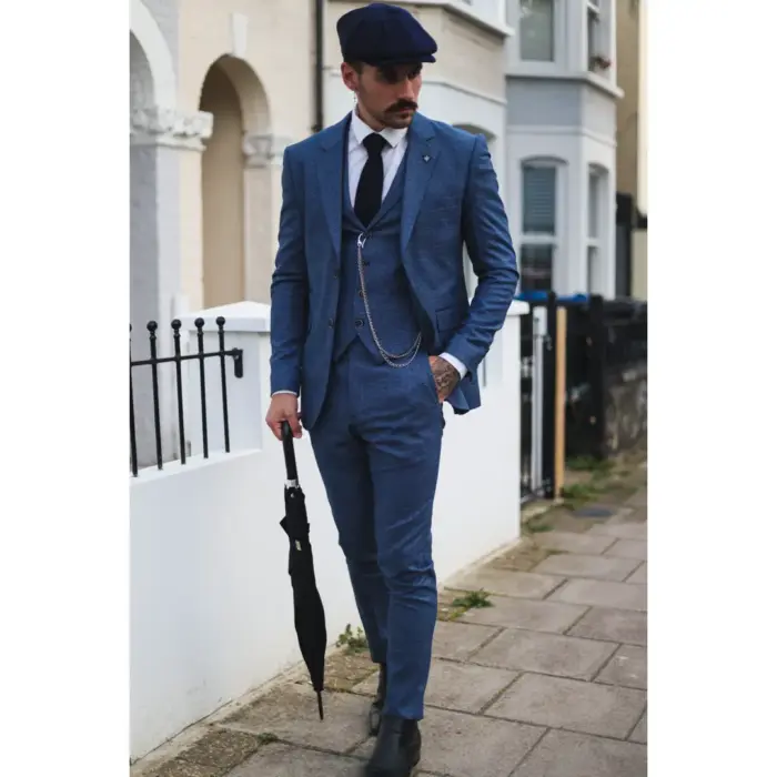Mens 3 Piece Suit Prince Of Wales Check Blue Tailored Fit Vintage Wedding - Image 2