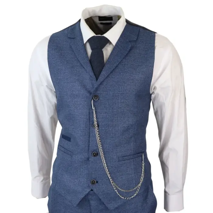 Mens 3 Piece Suit Prince Of Wales Check Blue Tailored Fit Vintage Wedding - Image 6