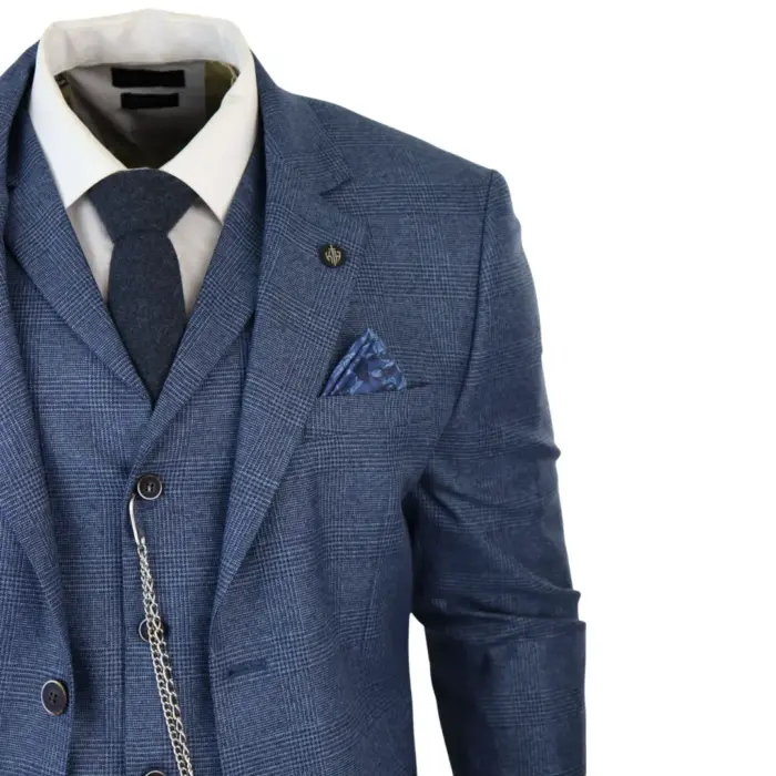 Mens 3 Piece Suit Prince Of Wales Check Blue Tailored Fit Vintage Wedding - Image 5
