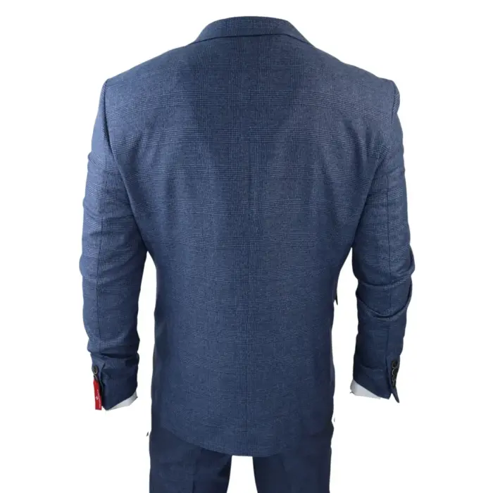 Mens 3 Piece Suit Prince Of Wales Check Blue Tailored Fit Vintage Wedding - Image 7