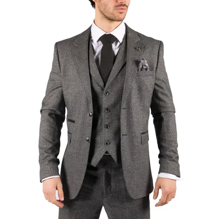 Mens Classic 3 Piece Suit Prince Of Wales Check Grey Tailored Fit Vintage Wedding - Image 1