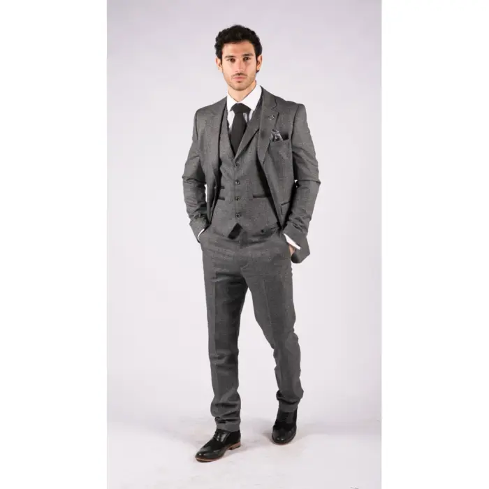 Mens Classic 3 Piece Suit Prince Of Wales Check Grey Tailored Fit Vintage Wedding - Image 3