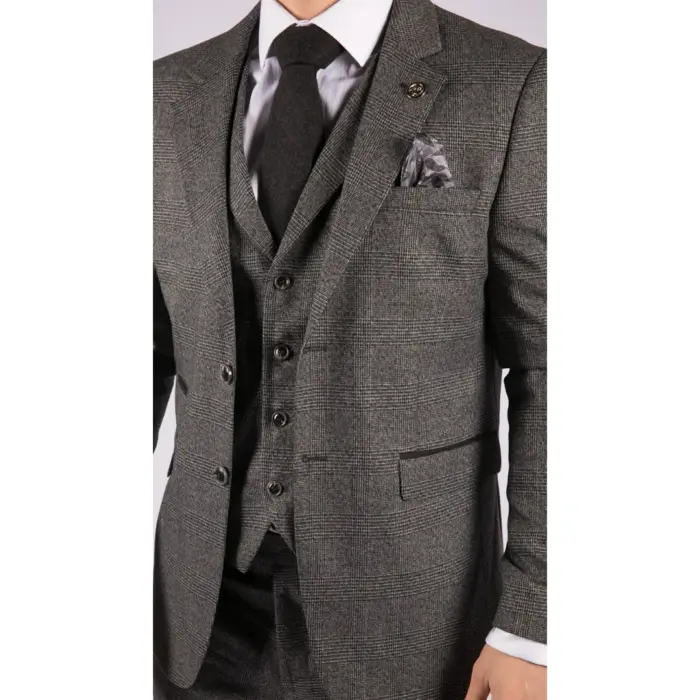 Mens Classic 3 Piece Suit Prince Of Wales Check Grey Tailored Fit Vintage Wedding - Image 5