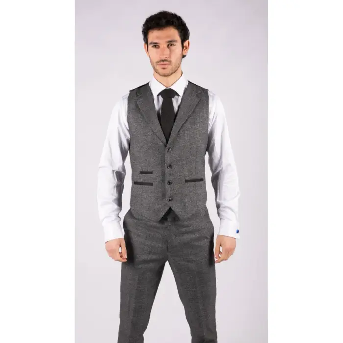 Mens Classic 3 Piece Suit Prince Of Wales Check Grey Tailored Fit Vintage Wedding - Image 6