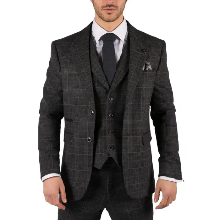 Mens Grey Tweed 3 Piece Suit Blue Check Vintage 1920s Gatsby Blinders Tailored Fit - Image 1