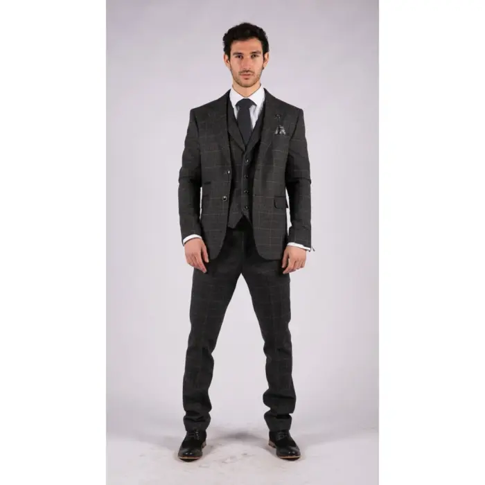 Mens Grey Tweed 3 Piece Suit Blue Check Vintage 1920s Gatsby Blinders Tailored Fit - Image 2